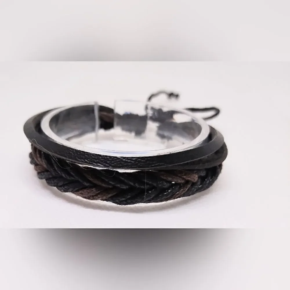 Men's bracelet leather braided layered‎ brown new e6